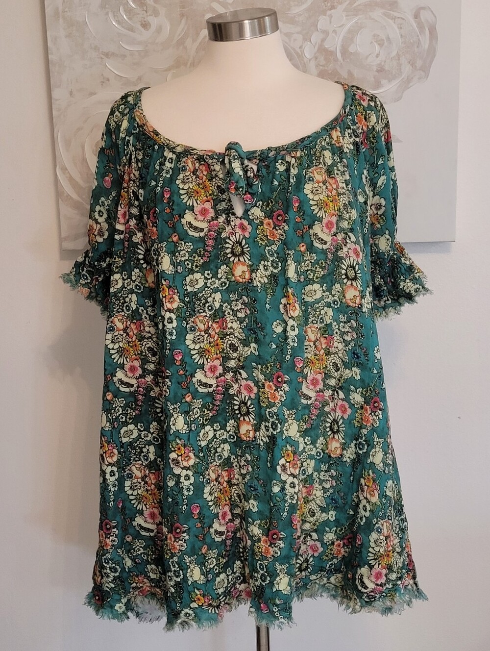Natural Life Floral Off-Shoulder Peasant Top in Teal Medium